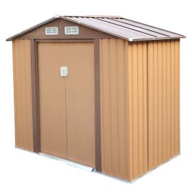 4.2' x 7' Outdoor Storage Shed, Backyard Tool House with Sliding Doors, Base, Vents, Metal Lawn Equipment (Color: Brown)