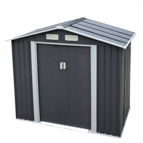 4.2' x 7' Outdoor Storage Shed, Backyard Tool House with Sliding Doors, Base, Vents, Metal Lawn Equipment (Color: Deep Gray)